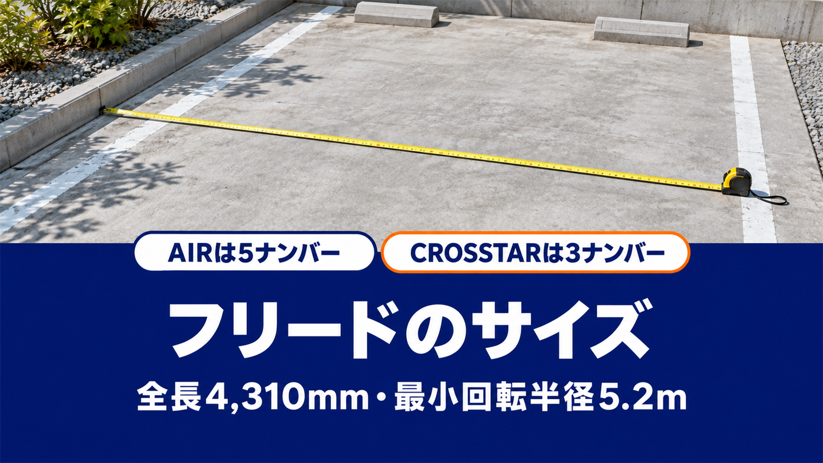 駐車スペースに伸ばしたメジャーとフリードのサイズの文字
