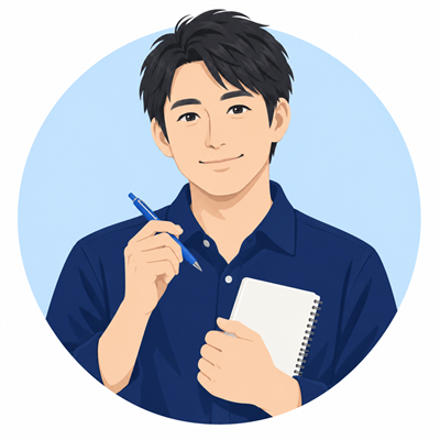 手帳とペンを持つ執筆者アキラのイラスト